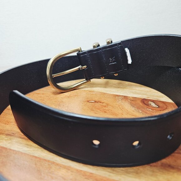 Banana Republic Black Leather Belt Brass Bronze Gold Hardware Buckle - Picture 2 of 6